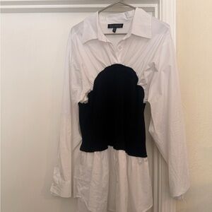Eloquii White Button-Down Shirt with Black Ribbed Bustier Overlay